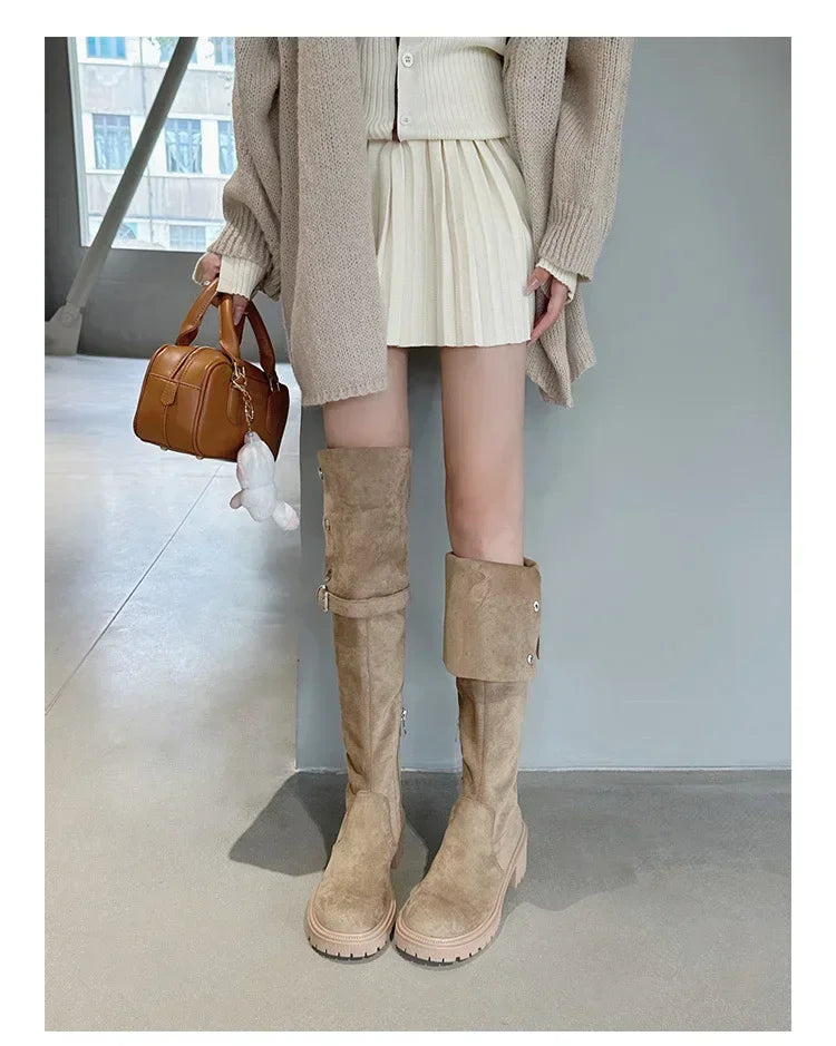 Over The Knee Cowboy Boots Women Designer Winter Platform Shoes Fashion Fur Suede Wedges Thigh High Boots Motorcycle Shoes 2024
