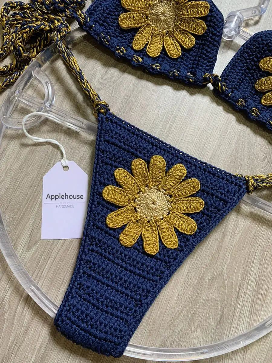 Crochet Bikinis Set Mujer Tankini Swimwear Women Biquinis Feminino Sexy Swimsuit Biquini Flor Brazilian Adjustable Thong Bikini - Kimlud