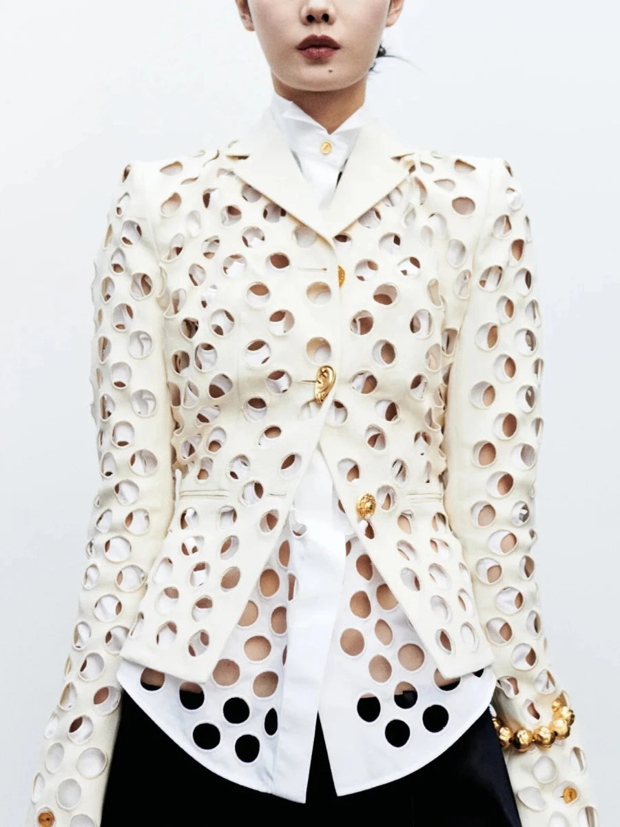TWOTWINSTYLE Modern Hollow Out Jackets Women Lapel Neck Long Sleeve Gold Ornament Buttons Loose Jacket Streetwear...