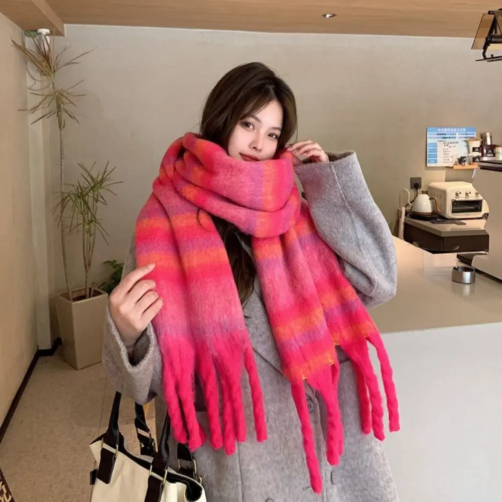 New Warm Winter Cashmere Scarf Stripe Pattern Mohair Long Tassel Scarves Plaid Soft Thickened Shawl Wrap Women | Kimlud...