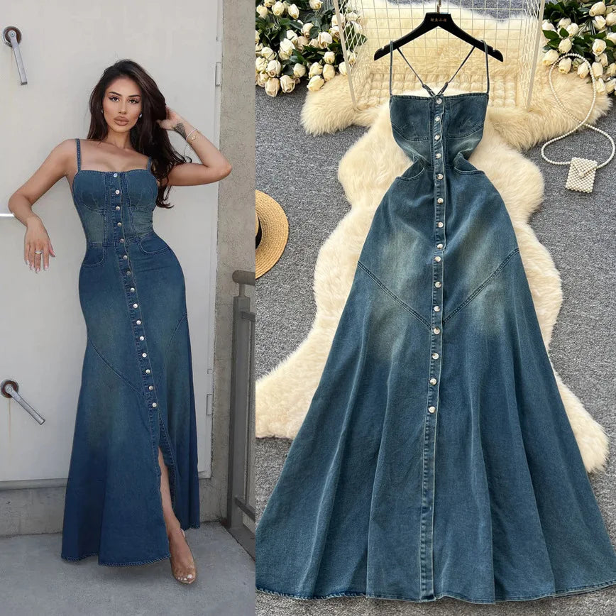 Long Dress Women Denim Dresses Sling Strapless A Line Vestidos Y2k Streetwear Sleeveless Sexy Elegant Party Night Work 2026 - Kimlud
