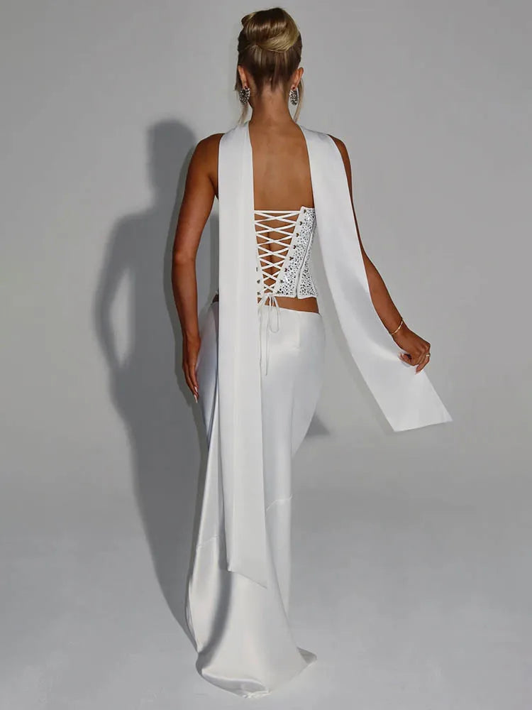 Mozision Sequins Sexy Dress Set Women Sparkle Scarf Collar Crop Tops And Maxi Skirt Elegant Club Party Satin Skirt Matching Set