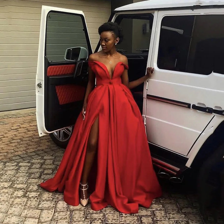 New Couture Long Evening Formal Dress with Split Off Shoulder Draped Prom Gowns Red A Line Long Prom Dresses Off Shoulder - Kimlud