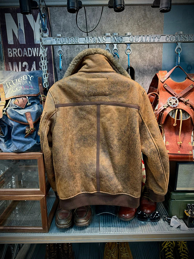 25AW Winter Shearling Trucker Jacket for Men Thermal Warm Thickened Suede Lambskin American Vintage Motorcycle Style Coats 4XL