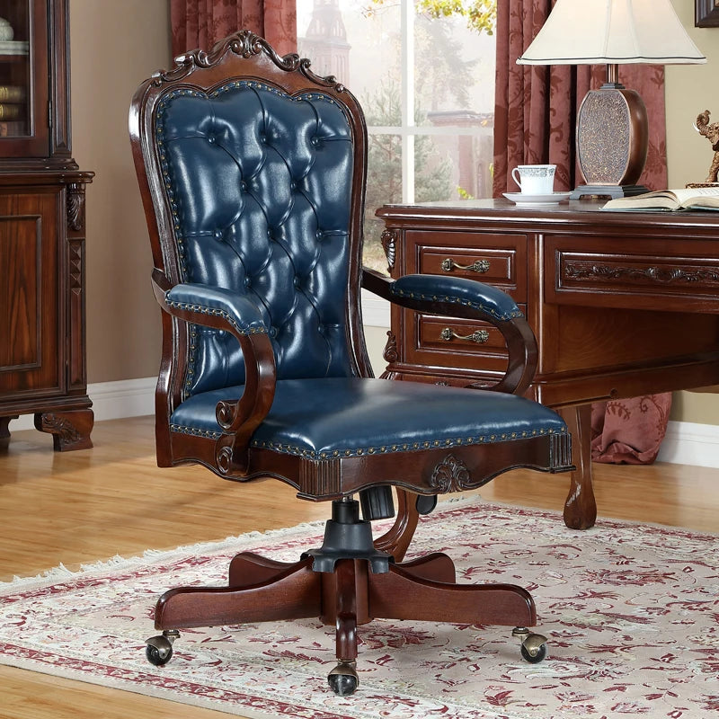 12American Genuine Leather Retro Carved Solid Wood Swivel Chair Office Chair Lift | Kimlud Vintage Luxury Home