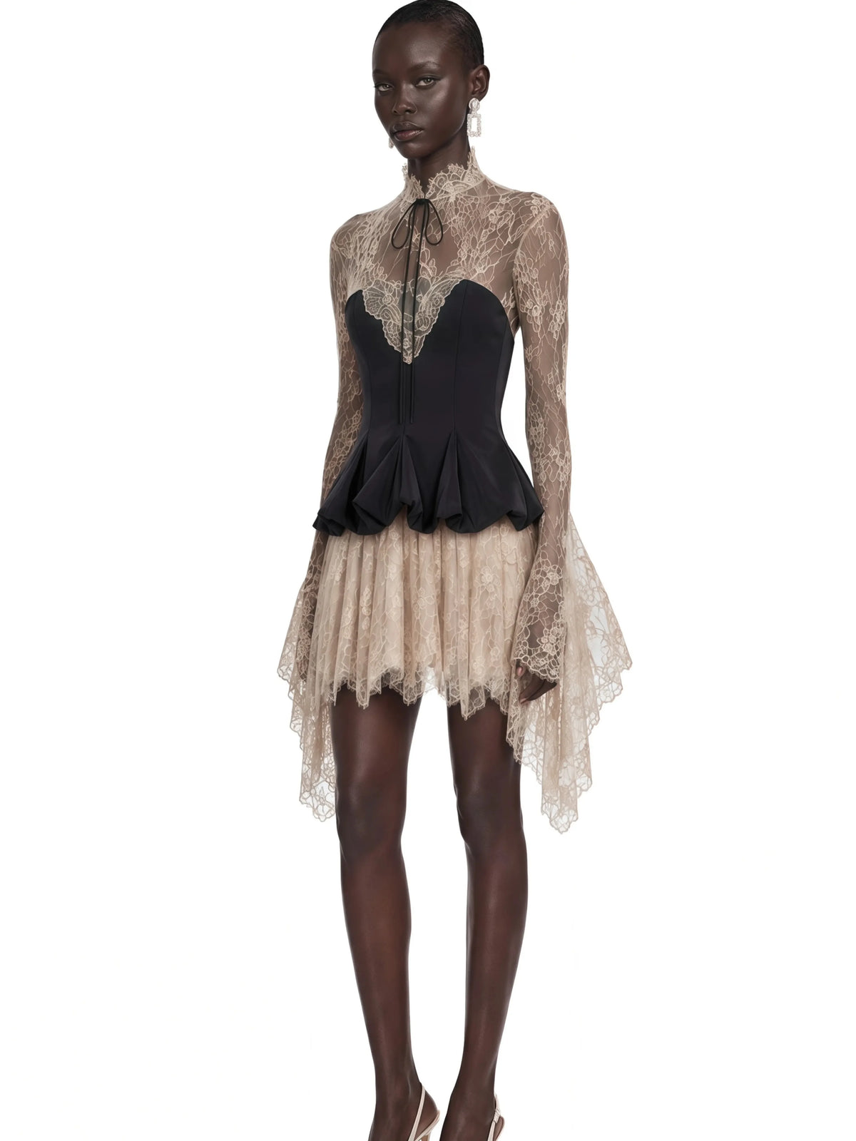 Black Lace Long Sleeve Mini Evening Dress High Neck Corset Party Dress Luxury Formal Wear Women