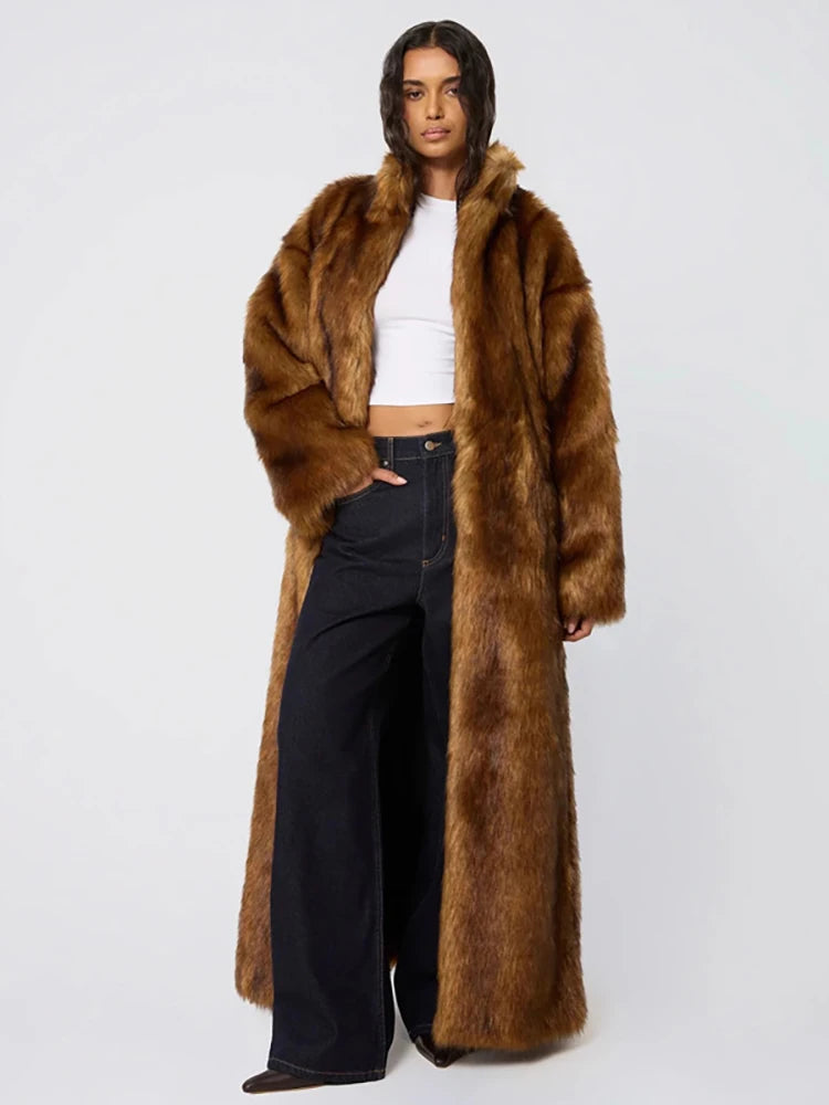 DEAT Fashion Brown X-long Faux Fur Coat Women's Lapel Loose Long Sleeves Sashes Plush Thick Overcoat Winter New 7A1470