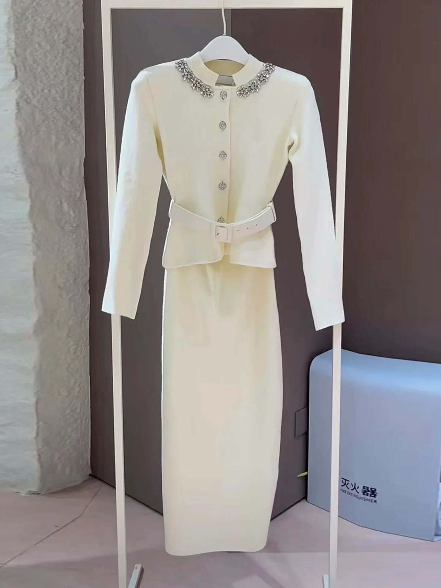 White Knit Two-Piece Style Dress with Rhinestone Button Belt Fitted Long-Length Women's Dress 2025 Fall New Arrival