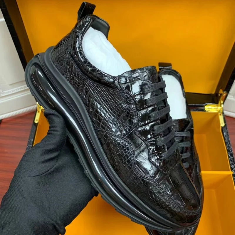 Authentic Real Crocodile Skin Men's Casual Black Sneakers Genuine Exotic Alligator Leather Male Lace-up Cushioned Walking Shoes