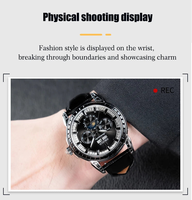 OBLVLO Men's Fashion Automatic Watch Colorful Zircon Moonphase Mechanical Multifunctional Black Leather Strap Timepiece...
