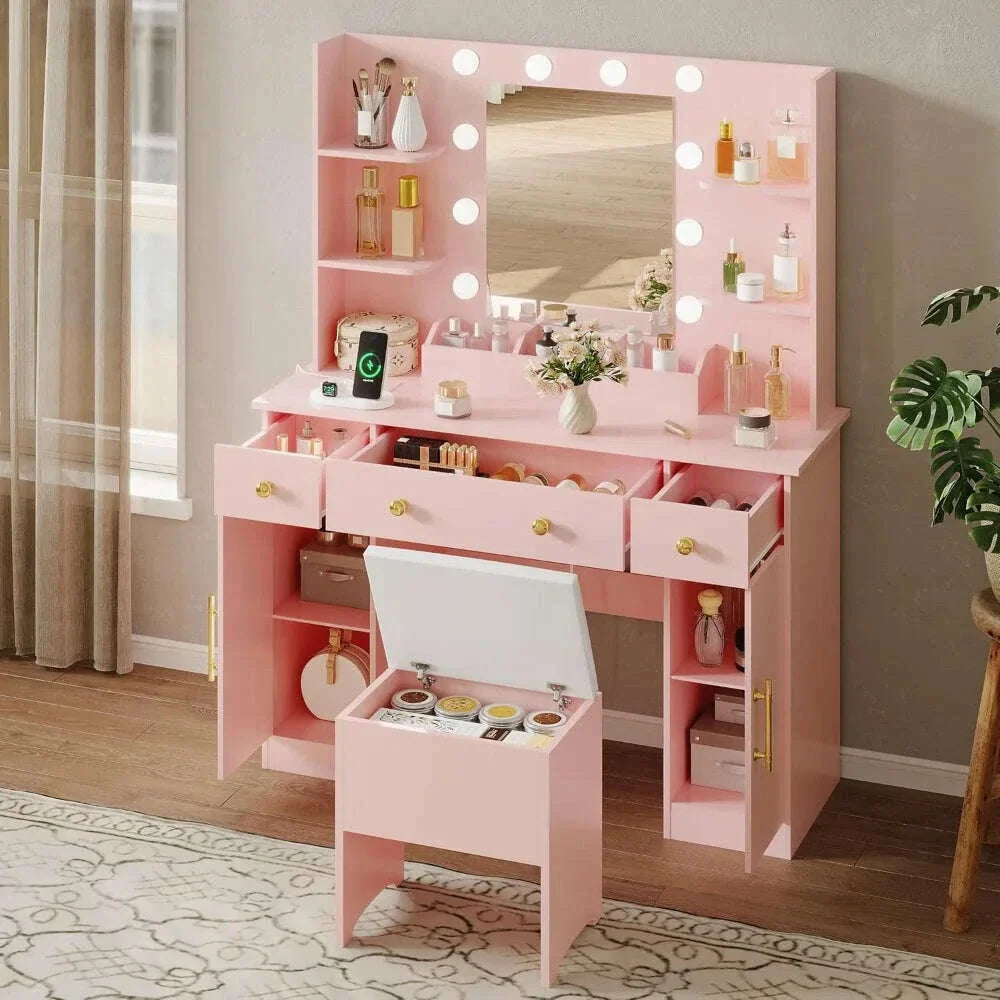 Vanity Desk with Mirror and Lights,Pink Makeup Vanity with Charging Station & Vanity Stool, 3 Drawers and Cabinets White Vanity