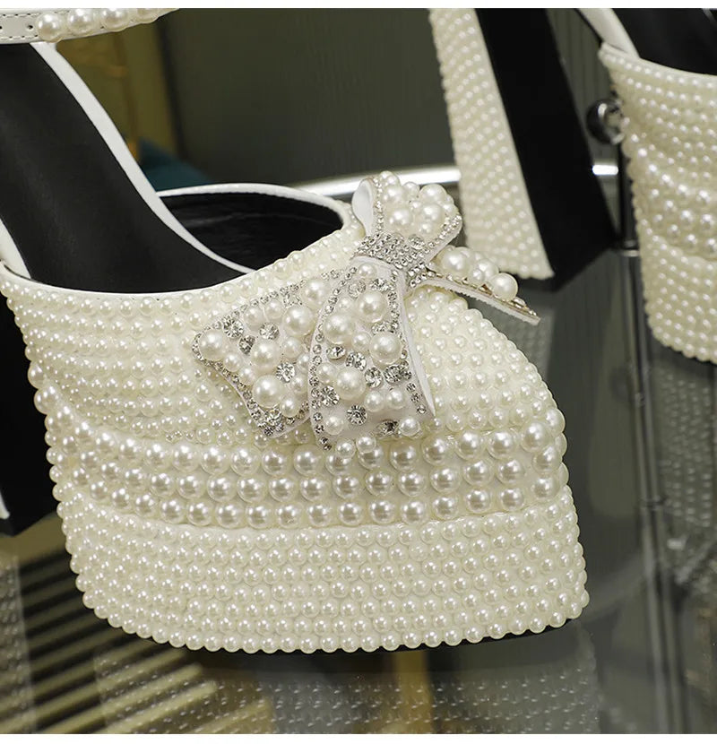 Luxury Handmade Full Pearls Rhinestones Bowknot Women Pumps Fashion Ankle Strap Platform Wedges High heels Banquet Wedding Shoes