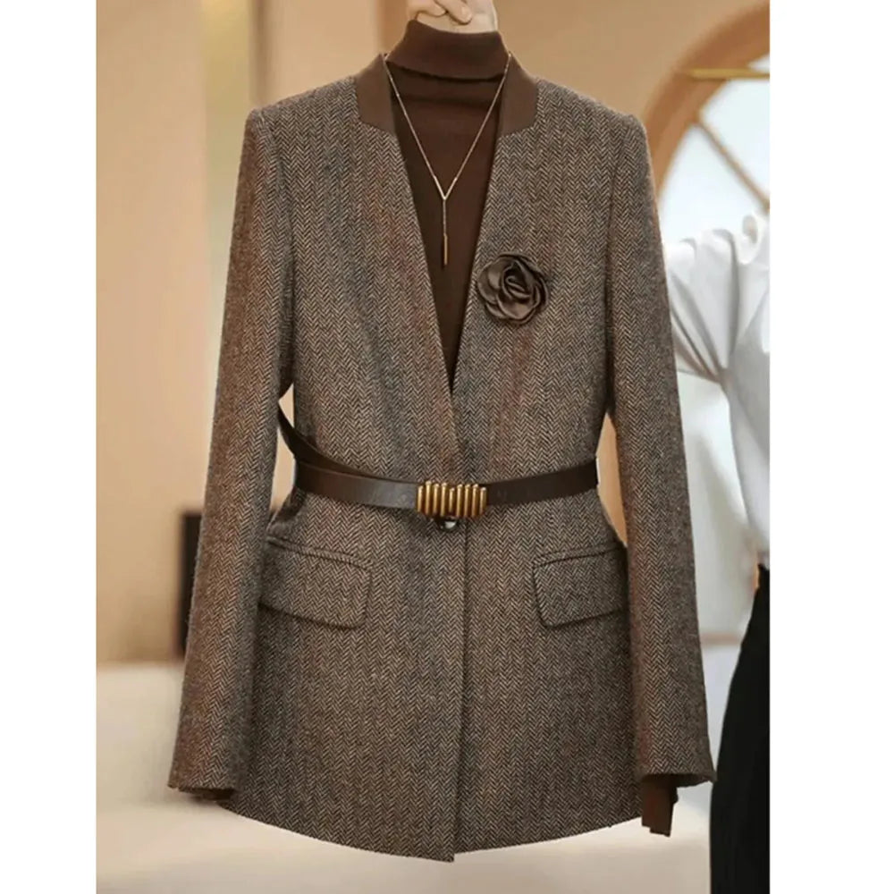 Plus Size 4XL High Quality Coffee colored Suit Jacket For Women Spring Outwear Fashion Simple Wool Coat Autumn Blazer With Belt