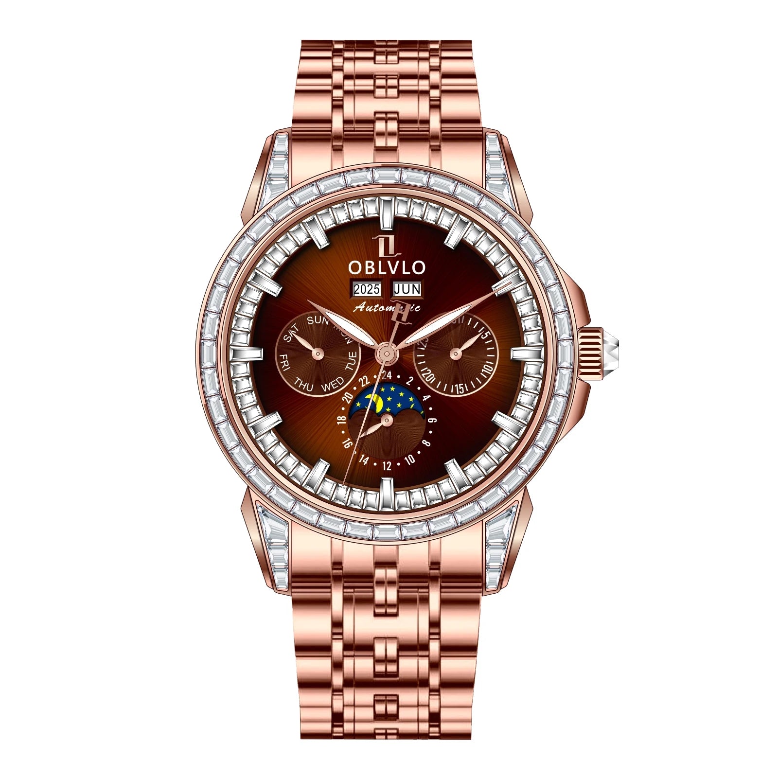 OBLVLO Men's Fashion Automatic Watch Colorful Zircon Moonphase Mechanical Multifunctional Black Leather Strap Timepiece...