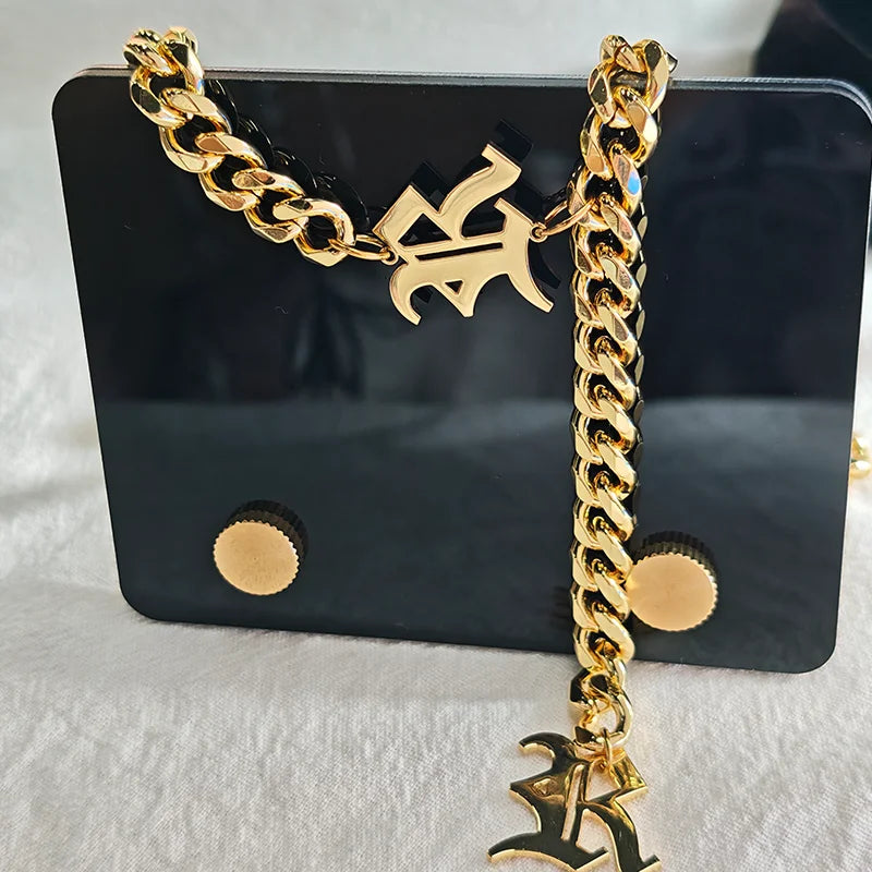 DUOYING Gothic Initial Letter Drop Choker Necklace Gold Plated Thick Cuban Link Chain Old English for Women Custom Jewelry Gif