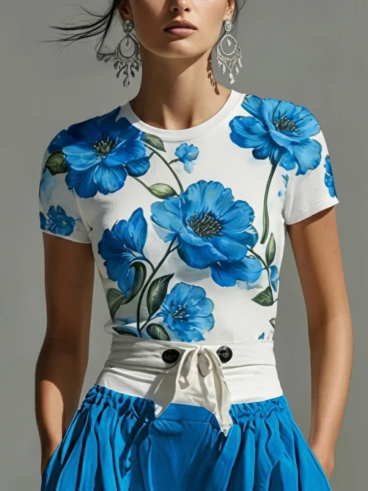 Yeezzi Women's Elegant Blue Floral Printed Matching Tops 2026 New Short Sleeves Round-Neck Slim Fit Casual Summer...
