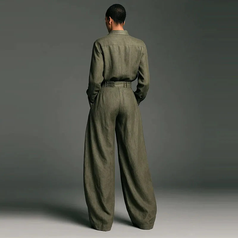 Leisure Simple Long Sleeve Shirts & Pants Sets Vintage Solid Color Loose Commute Outfits Autumn Women New Pocket Pants Outfits