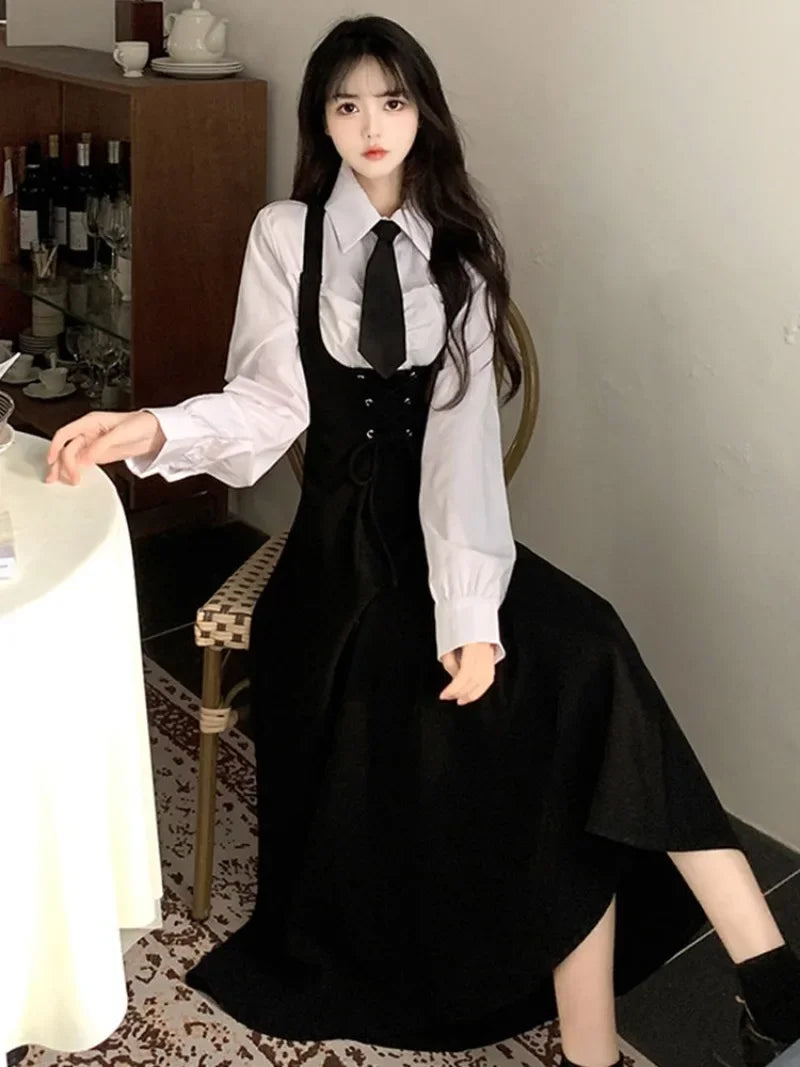 Lapel Neck Tie Long Sleeve White Shirt Women+ Slim Waist Mid-length Strap Dress For Women Two Piece Sets 2025 Fashion New