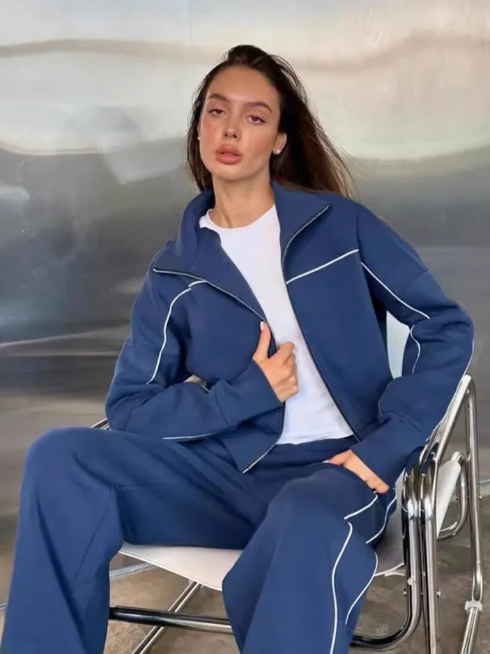 Women's Autumn Casual Long Sleeve Zipper Hoodie Jacket Striped Elastic Pants Set Fashionable Two-Piece Suit Comfortable Wear - Kimlud
