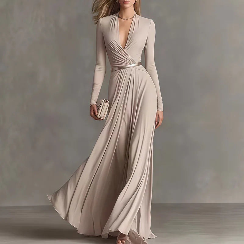 Elegant Sexy Deep V Neck Slim Maxi Dress Women Long Sleeve Ruched Waist Formal Gown Spring Casual Solid Sashes Boho Long Dresses