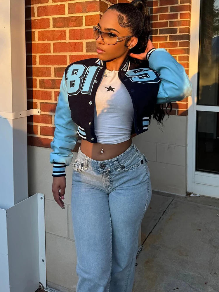 Nibber Sporty Jacket Woman Contrast Patchwork Baseball Autumn Trend Letter Print Single-Breasted Full Sleeve Casual Style Coats