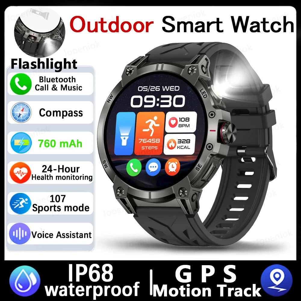 Military Smart Watch Men 760mAh Large Battery LED Flashlight Compass 1.8"HD Screen Heart rate Waterproof BT Call Smartwatch New