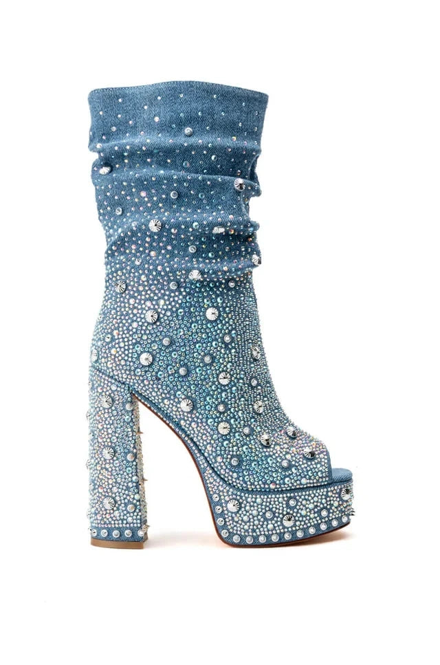 2025 Women Sexy Luxury Banquet Pointed Women's Short Boots Thick Square High Heels Shiny Rhinestones Club Mid-calf Modern Boot