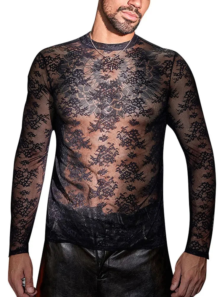 Lace Mesh Sheer See Through T-shirts for Men High Elastic Tight Thin Breathable Comfortable Tops Long Sleeves Fashion Blouse - Kimlud