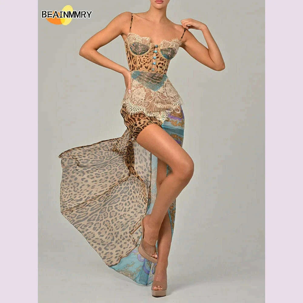 Summer Beach Leopard Print Dress Sexy Lace Split Patchwork Chiffon Dresses Women Elegant Sleeveless Backless Beach Evening Gowns