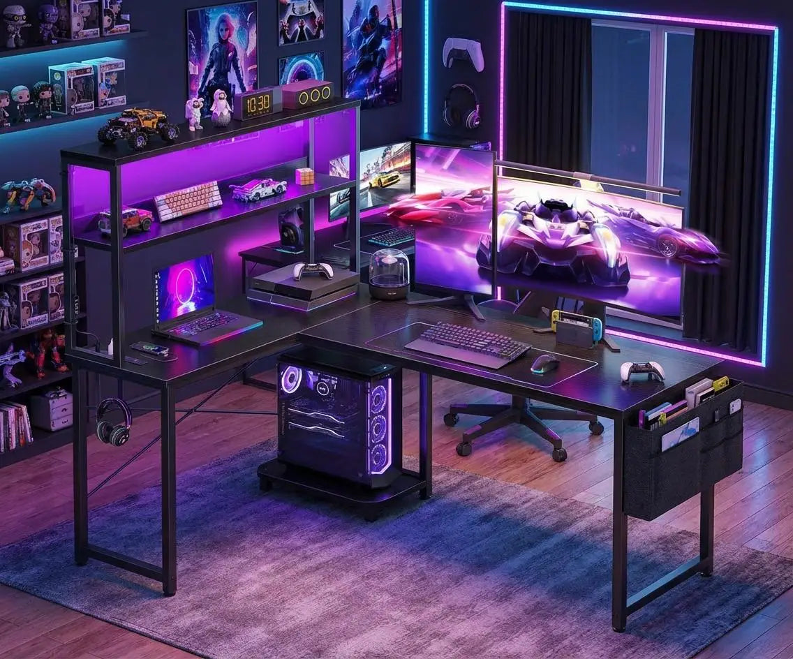 L Shaped Gaming Desk with Power Outlets & LED Lights, Corner Desk with Monitor Stand for Home Office, Space-Saving |...