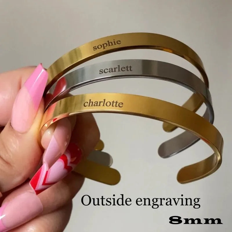 18k Custom Engraved Bracelet Numeral Name Message Bangle Titanium Steel Gold Silver Adjustable Women's Cuff Mother's Day Gift