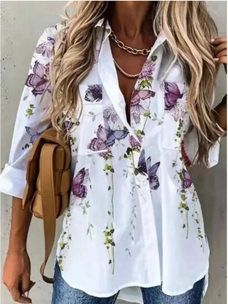 Summer Turn-Down Collar Women Blouse Long Sleeve Shirts Spring Vintage Floral Print Button Casual Blouse Blusas