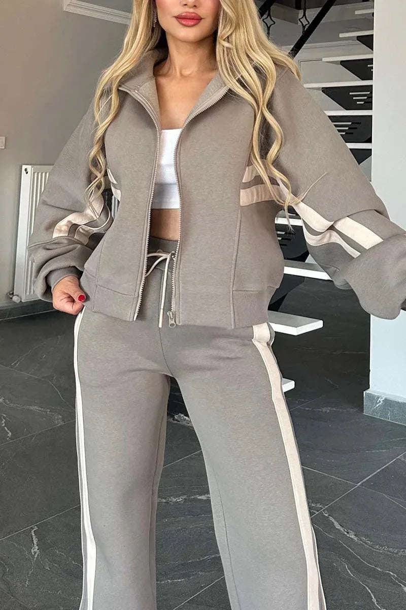 Autumn Winter Women's New Hoodie Suit Y2K Striped Zipper Loose Fit Jacket Outwear And High Waist Side-striped Pants Sports Sets - Kimlud