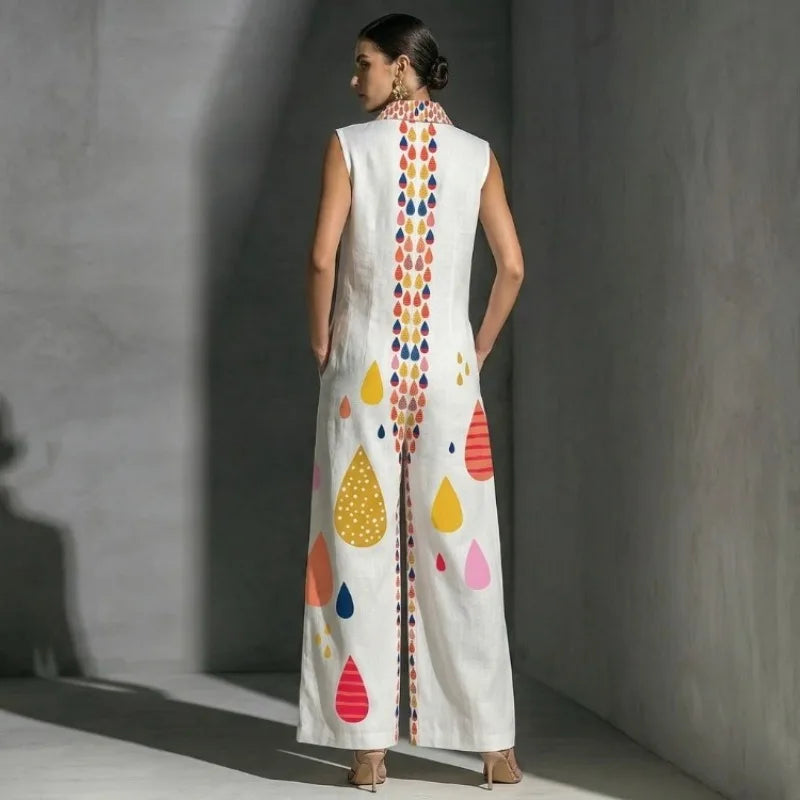 UOOZEE 2026 New Women Summer Bohemian Colorful Printed Zipper Wide Leg Jumpsuits Sleeveless Loose Casual Vacation Lapel...