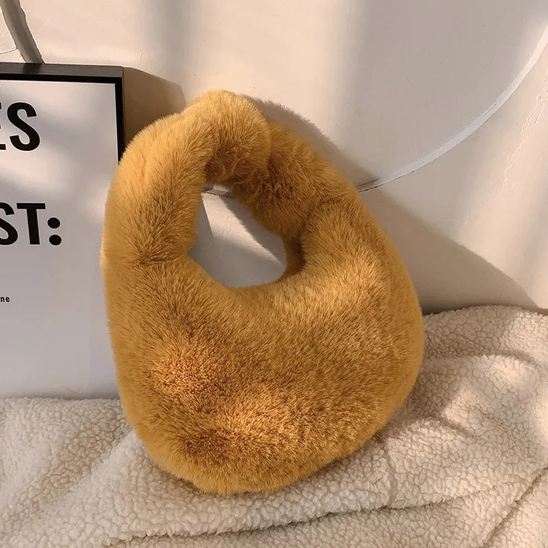 Solid Color Plush Dumpling Bag Handbag Niche Design Small Phone Bag Korean Style Tote Bag Faux Rabbit Fur Handbag Women