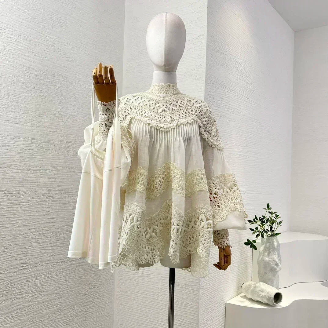 Linen Silk High Quality New Arrivals Hollow Out Long Lantern Sleeve Braid Embroidery Women Vintage Loose Blouse Tops