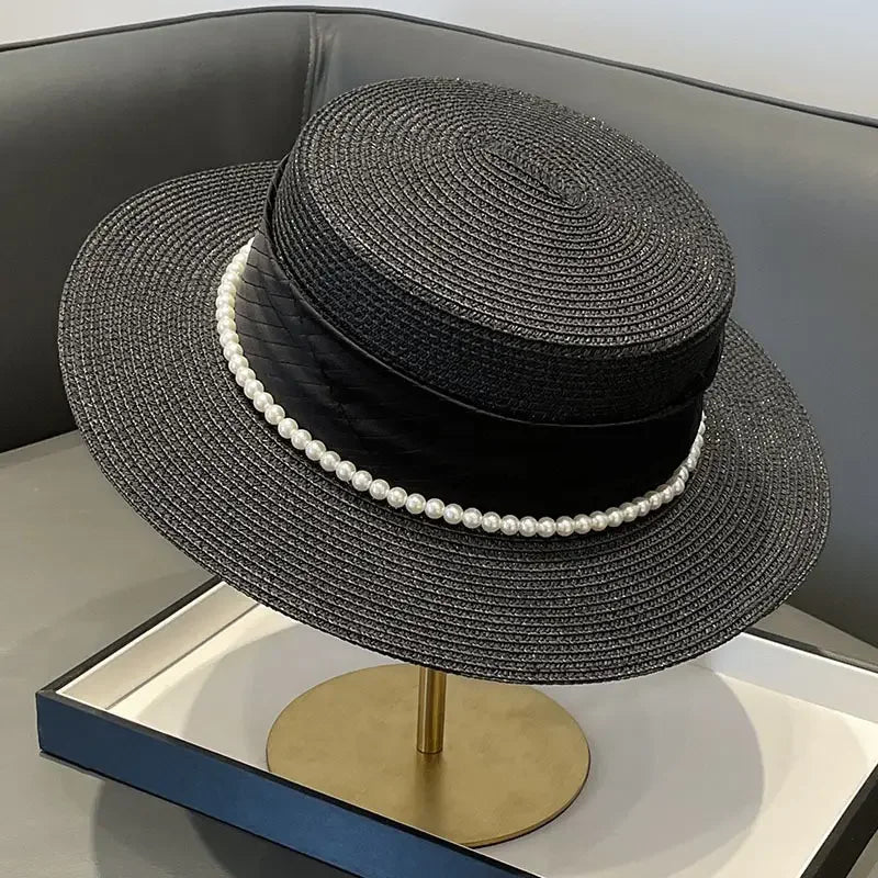 2025 Summer Elegant Pearl Chain Flat Sun Hats for Women Chapeau Feminino Straw Hat Panama Wide Brim Anti-UV Beach Cap...