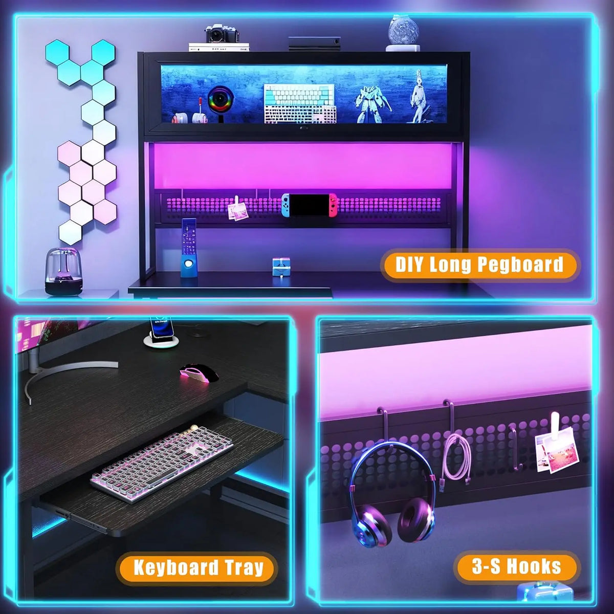 L Shaped Gaming Desk with Power Outlets & LED Lights, 49'' Reversible Computer Desk with Hutch & Pegboard & Display...
