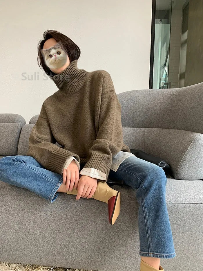 2023 Autumn and Winter New Thick Cashmere Sweater Women High Neck Pullover Sweater Warm Loose Knitted Base Sweater Jacket Tops
