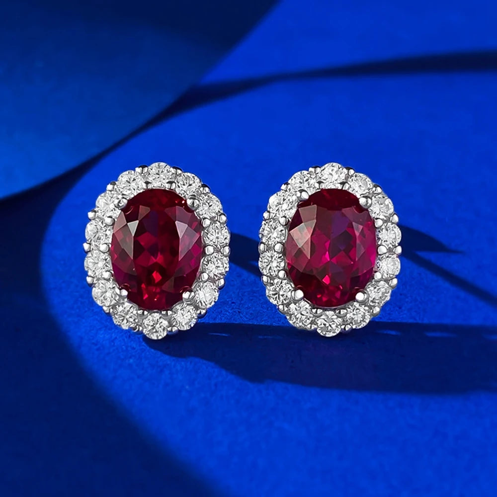 Wong Rain Vintage 100% 925 Sterling Silver Oval Cut 6*8 MM Ruby Sapphire High Carbon Diamond Gemstone Ear Studs Earrings...