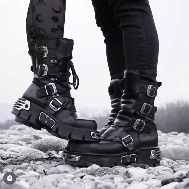 Men's Fashion Genuine Leather Motorcycle Boots Goth Skull Punk Boots New Unisex Mid-calf Cowboy Boots Metallic Combat...
