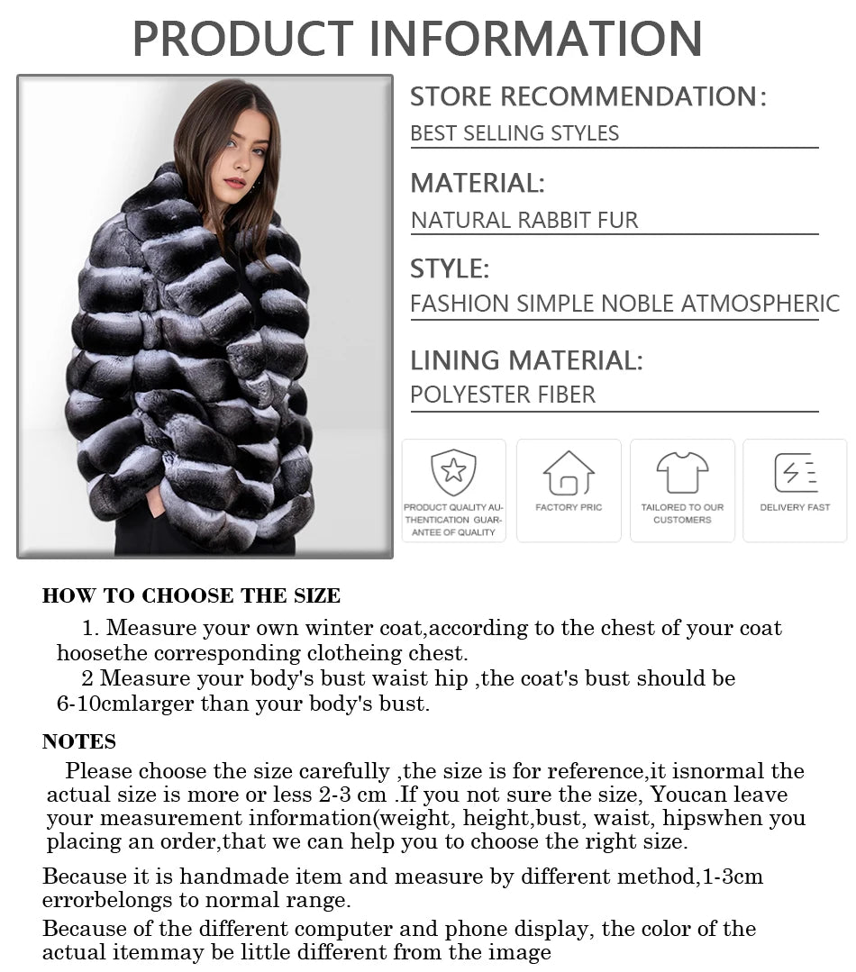 Women's Winter Jacket Real Rex Rabbit Fur Jacket With Hood Chinchilla Color Fur Coat High Quality Genuine Leather Jackets