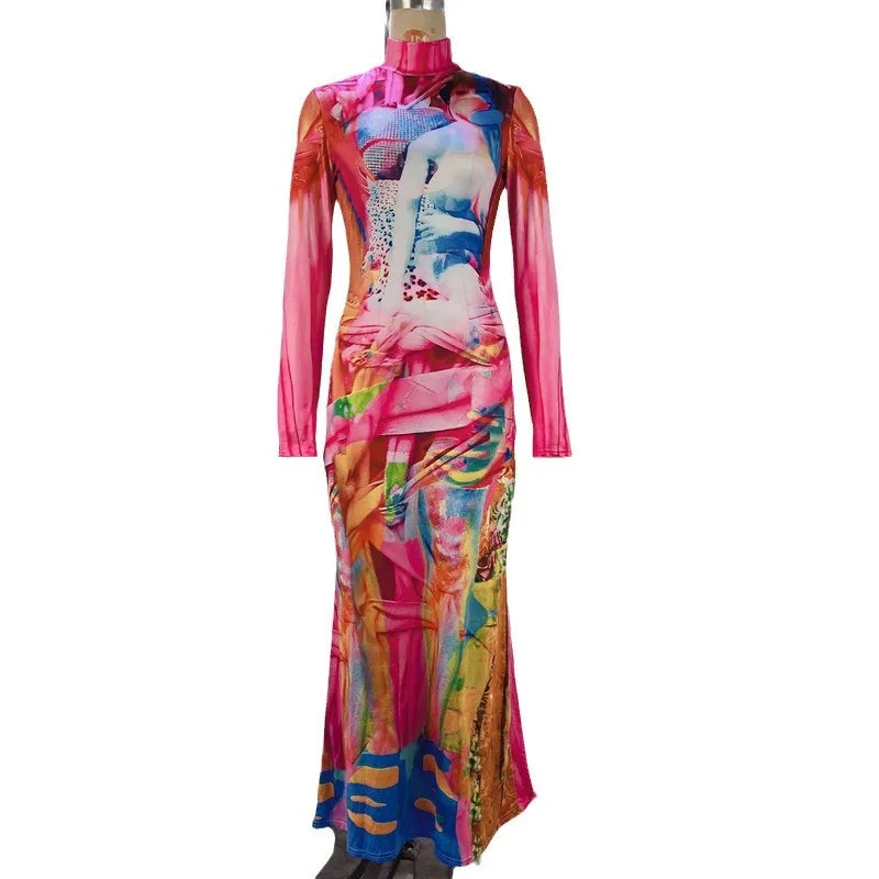 Punk Graffiti Print Bodycon Long Dress Women 2025 Autumn Stand Collar Long Sleeve Slim Fit Fish Tail Dress Party Club...