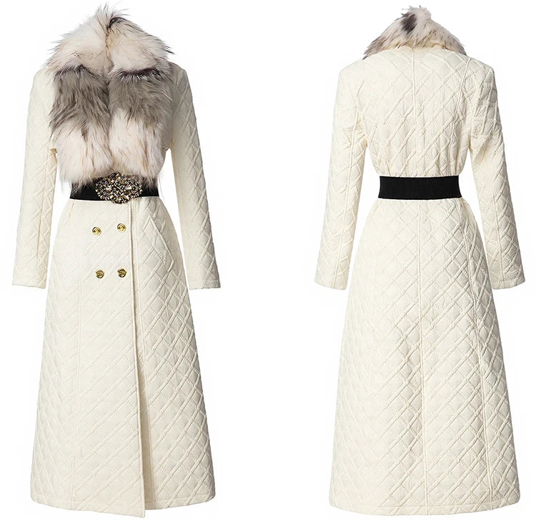 DSXDFACAIRIJ Women Color Blocking Fur Collar Long Sleeves Lace-Up High Street Double Breasted Geometric Outerwear Winter...