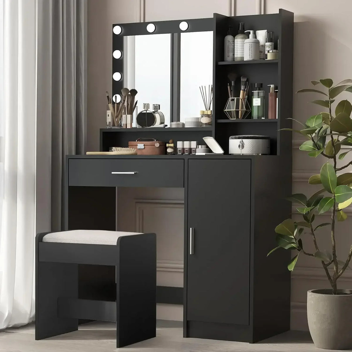Vanity Desk with Mirror & Light, Large Drawer & Three Level Storage Dresser, Bedroom Dressing Table (Black with Stool)