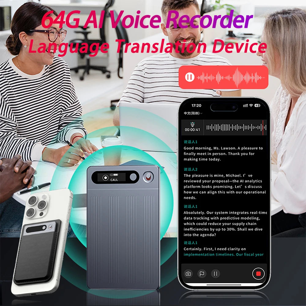 64G AI Voice Recorder Transcribe & Summarize Audio Recorder Language Translation Device Support 134 Languages for Meetings/Calls
