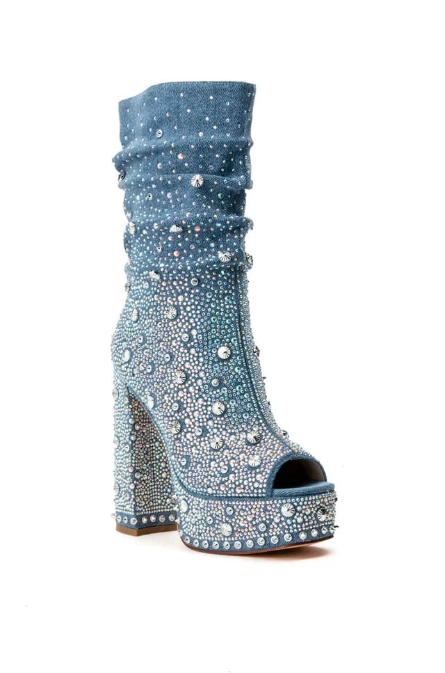 2025 Women Sexy Luxury Banquet Pointed Women's Short Boots Thick Square High Heels Shiny Rhinestones Club Mid-calf Modern Boot