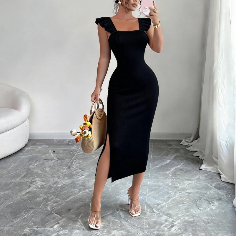 Women's Square Neck Ruffle Strap Sleeveless Side Slit Stretchy Ribbed Knit Bodycon Maxi Dress Party Wedding Long Dress Outfits
