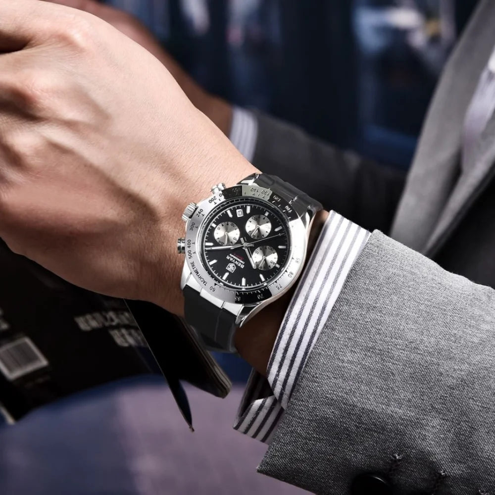 BENYAR New Casual Mens Quartz Watches Steel Bezel Silicone Strap Waterproof Multifunctional Luminous Wristwatch For Man