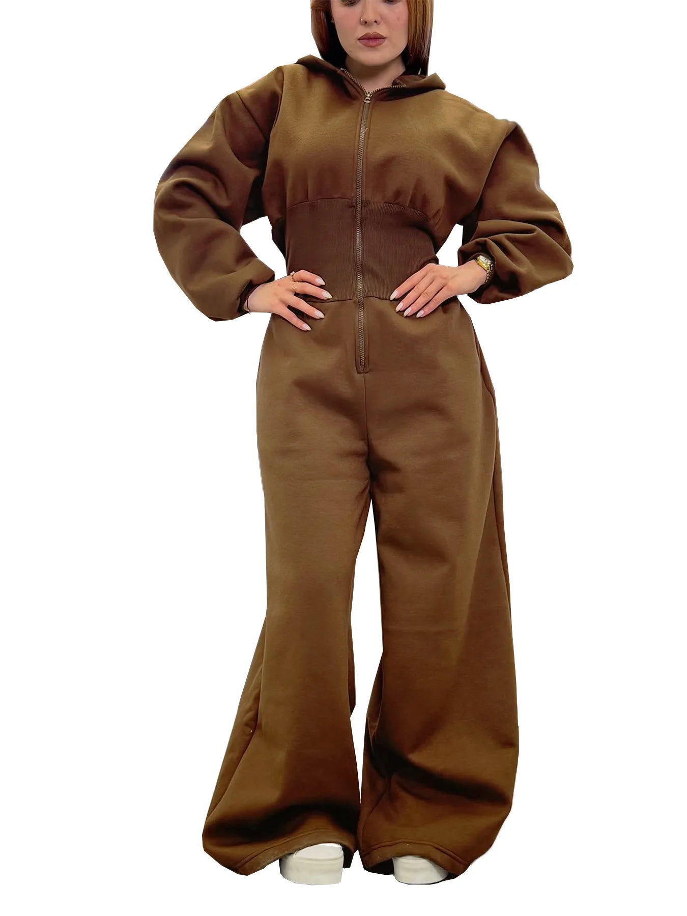 Women's Hooded Zipper Elastic Waist Jumpsuit Long Pants Sports Casual Solid Color Comfortable Casual Cross-Border Style
